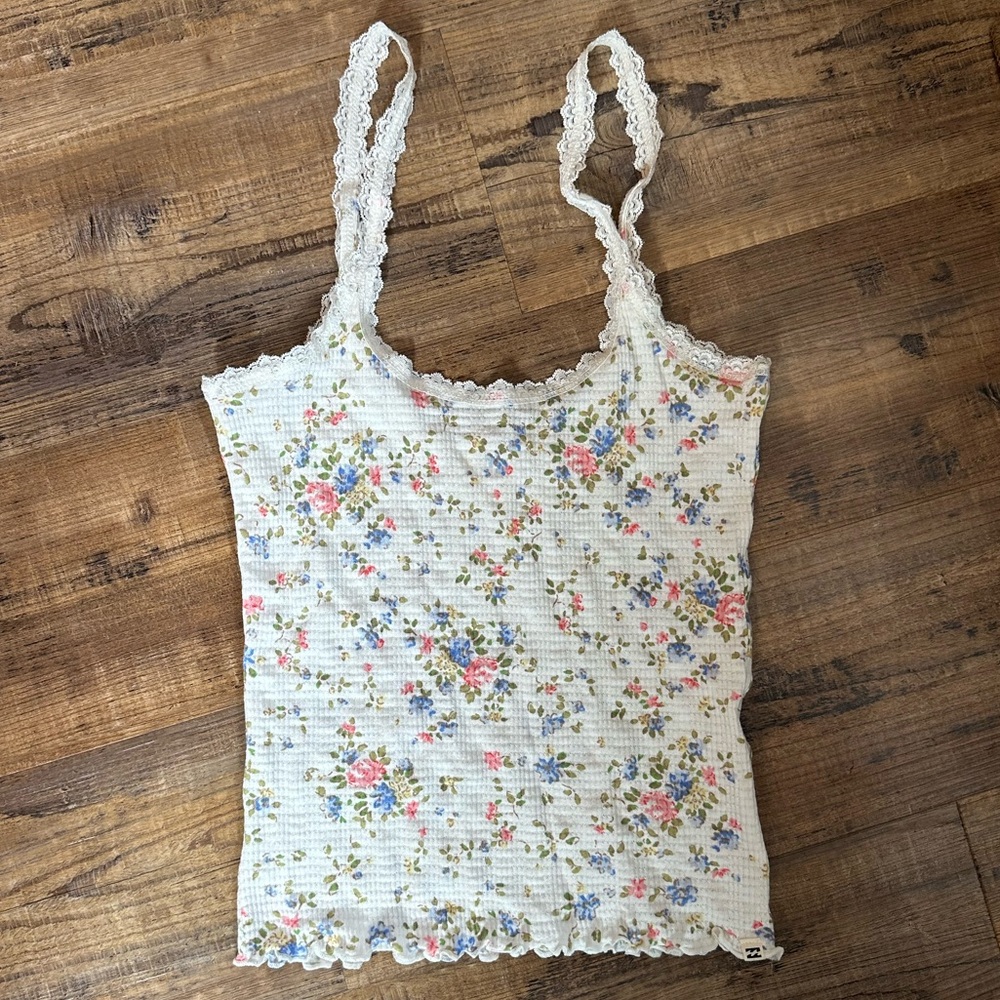 Billabong white floral lacey tank top.